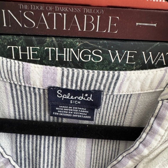 Splendid blue stripe linen blend popover blouse v-Neck Blouse shirt top - Picture 3 of 5